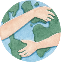 Ilustração de um planeta Terra sendo abraçado por dois braços